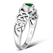 Celtic Knot Green CZ Heart Silver Ring, r537